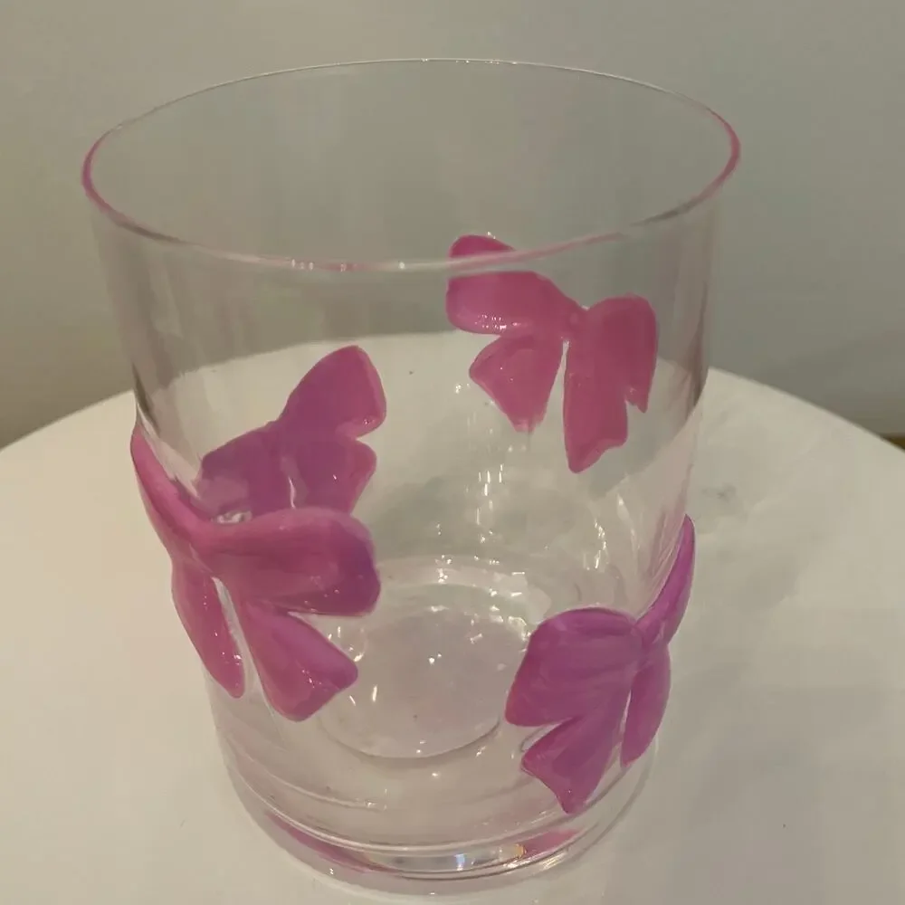 VIRAL Pink Bow Embossed Glass Clear Tumbler Cups Set of 2 NEW